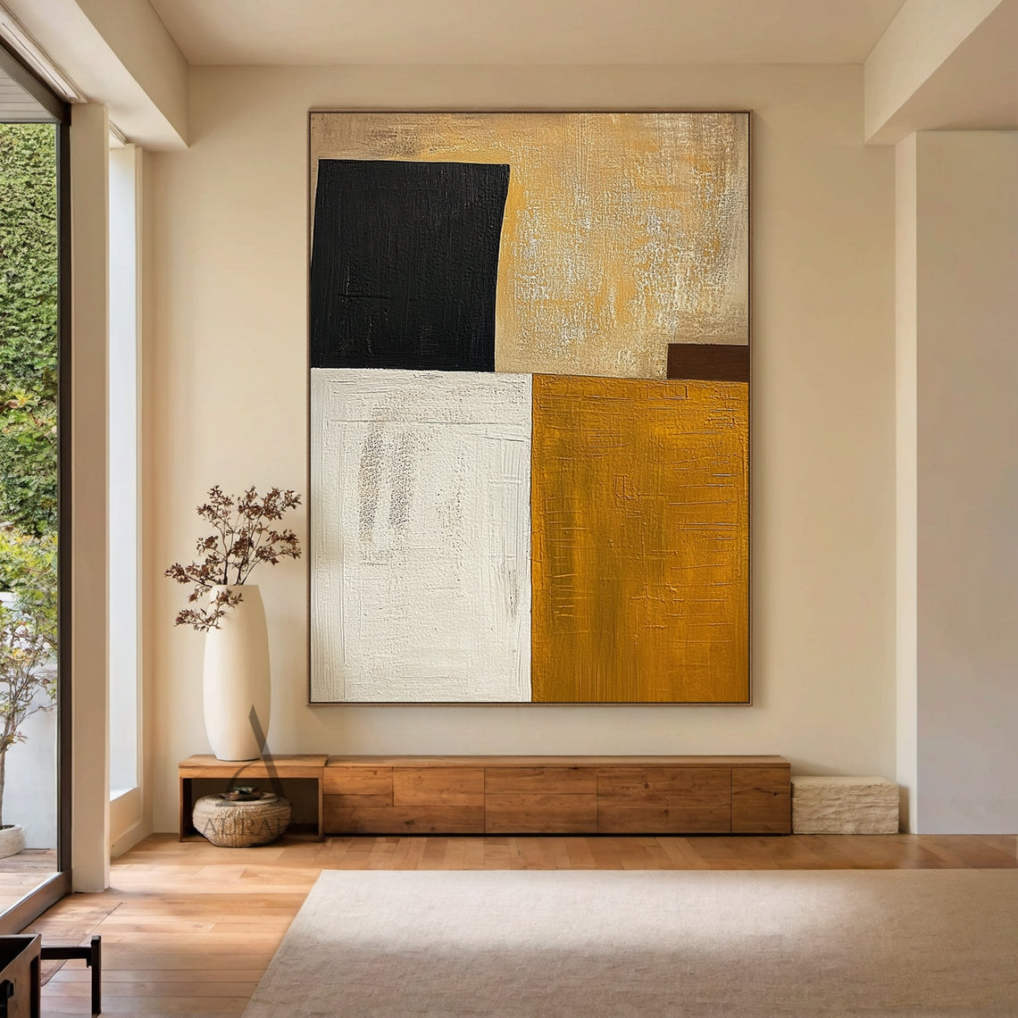 Mustard Yellow and Beige Abstract Painting with Black Blocks - AURA850