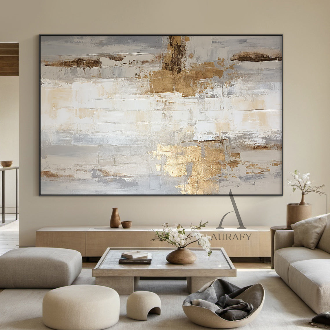 General Abstract Art White Beige Metallic Gold Impasto Texture Tactile Surface Modern Organic Canvas AURA485
