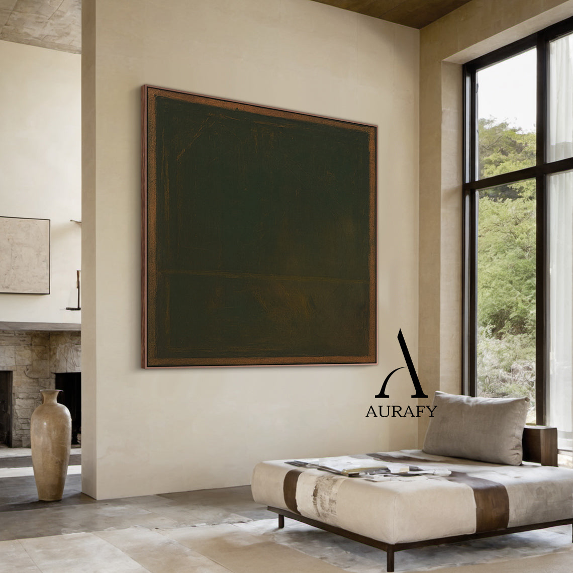 Wabi Sabi Brown Green Textured Art with Rough Handcrafted Border Tactile Brushstrokes AURA567