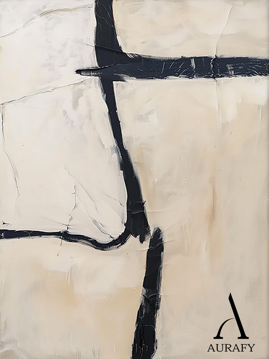 General Abstract Black Beige Tactile Canvas Art with Impasto Brush Strokes Minimalist Luxe AURA506