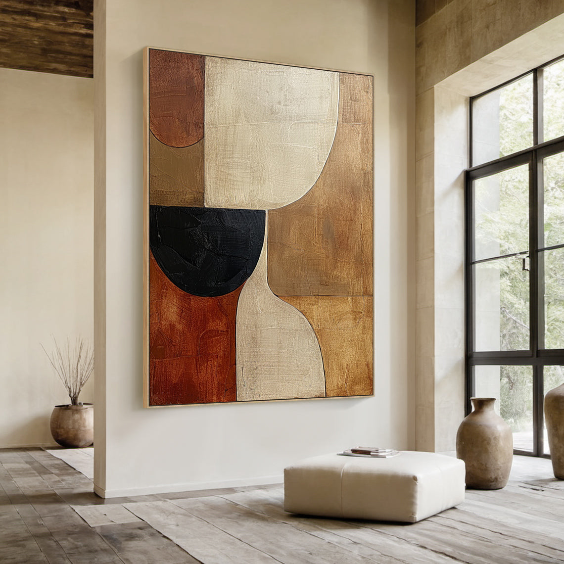 Earthen Harmony wall art – Ochre, Ivory & Onyx – AURA054(Vertical)