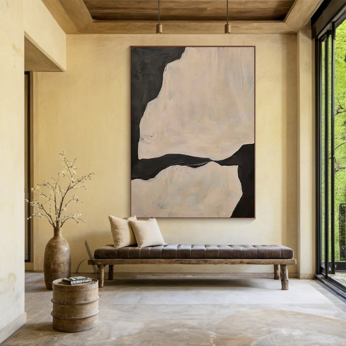 Beige Organic Abstract Painting with Flowing Black Negative Space - AURA838