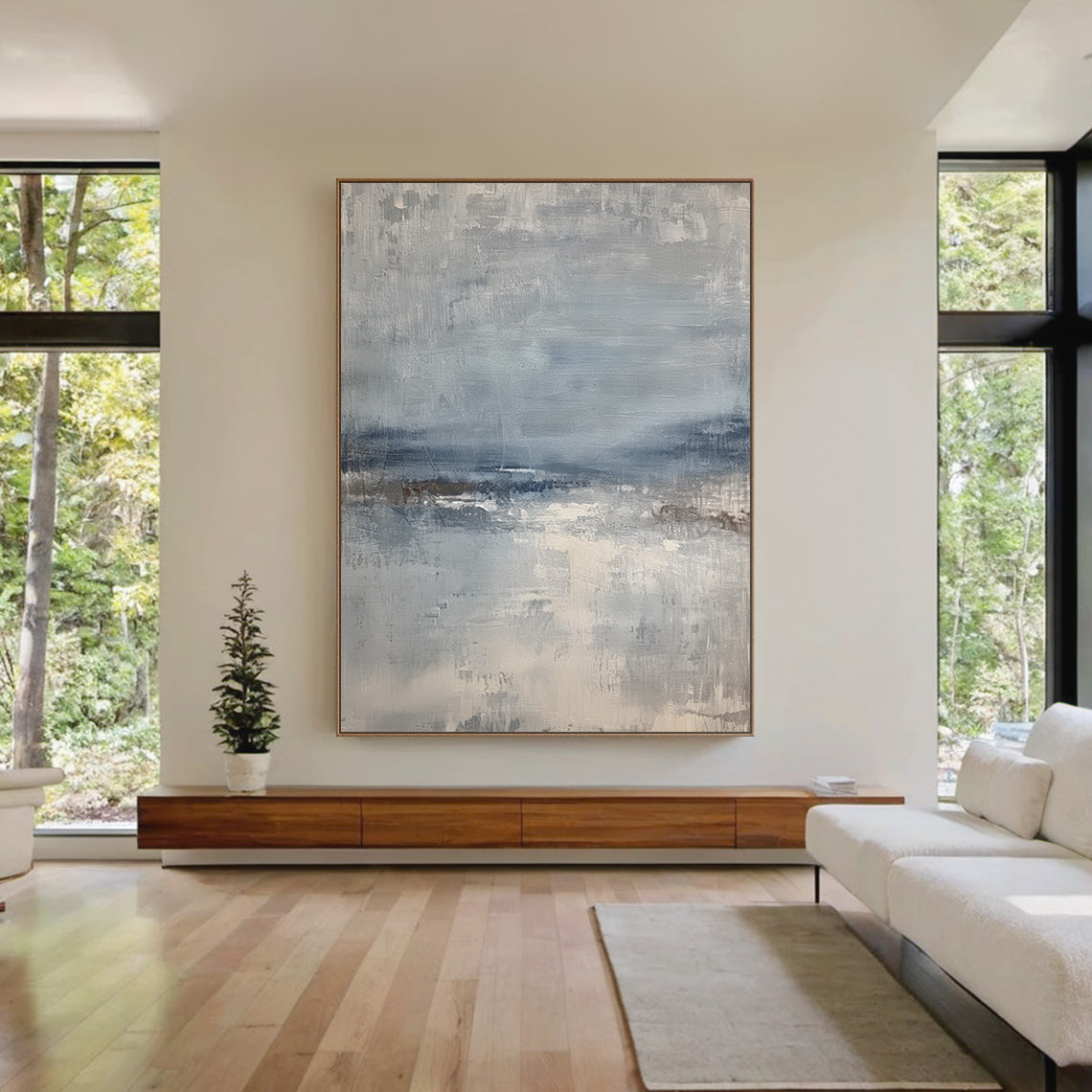 Abstract Seascape Texture Painting – Misty Blue & Taupe Canvas – AURA034(Horizontal)