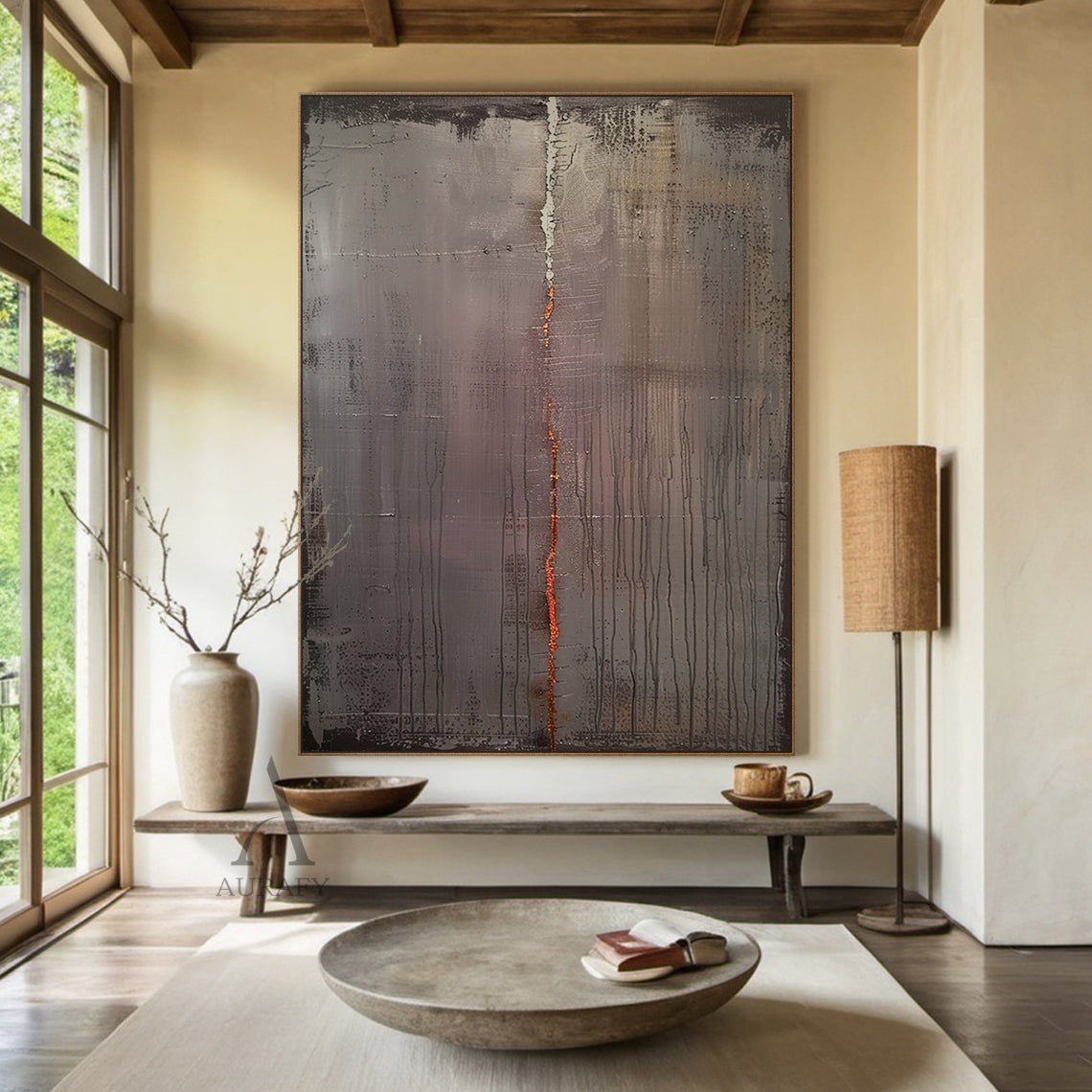 Plaster Textured Grey Black Burnt Orange Accent Japandi Minimalist Tactile Abstract Wall Art AURA795