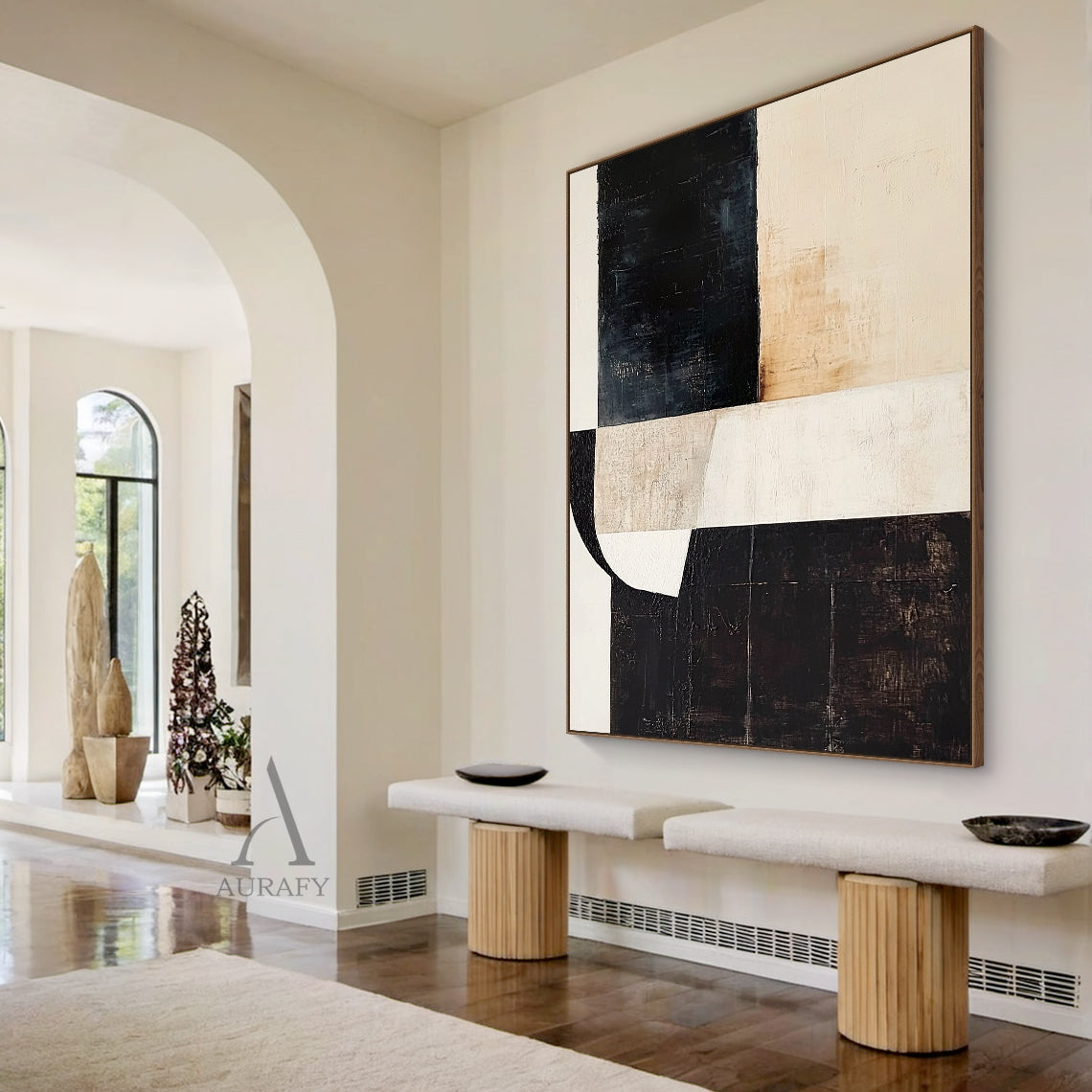 Beige, Black & Ivory Geometric Abstract Wall Art - AURA816