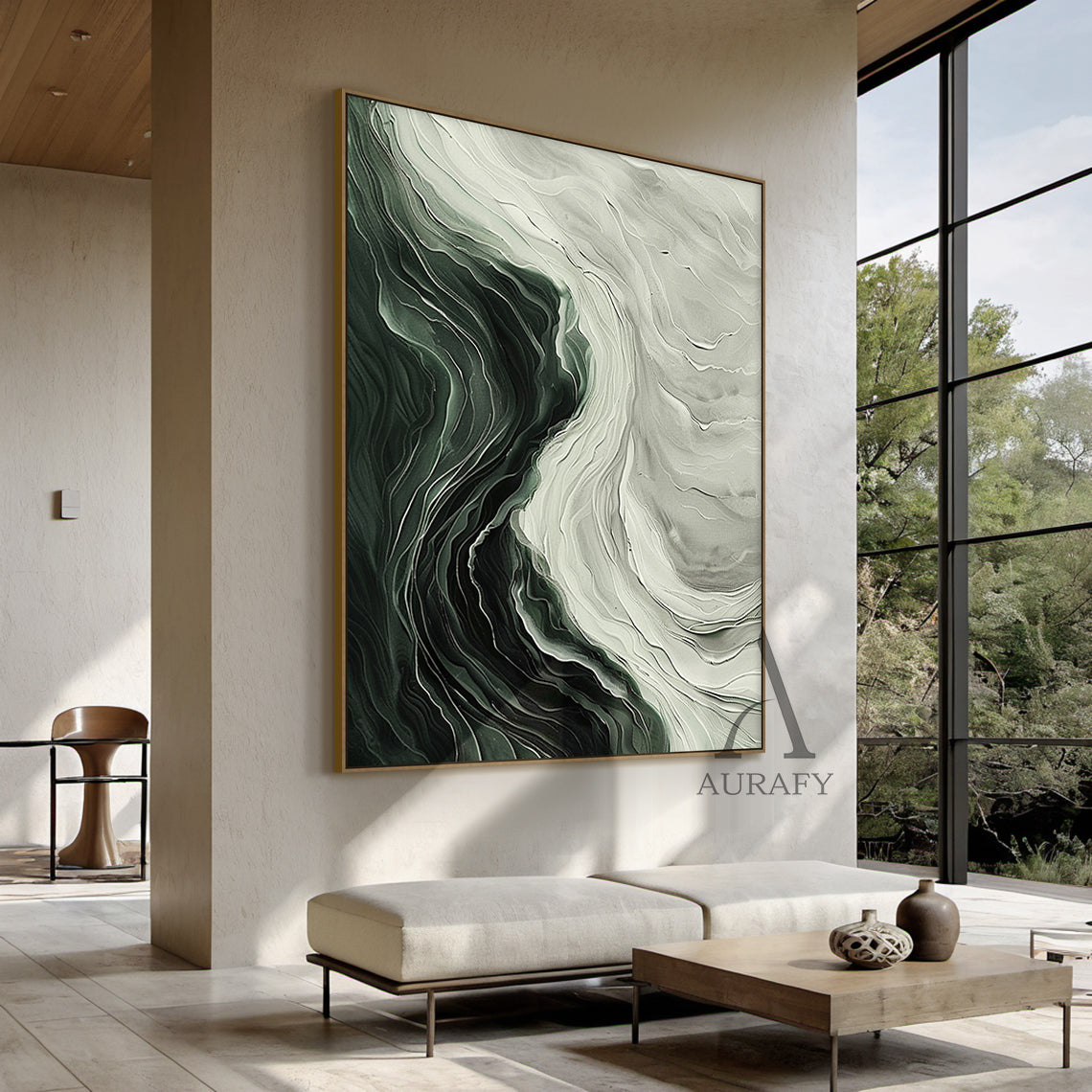 Green Abstract Art Thick Impasto Knife Strokes Flowing Wave Layers Modern Organic AURA502