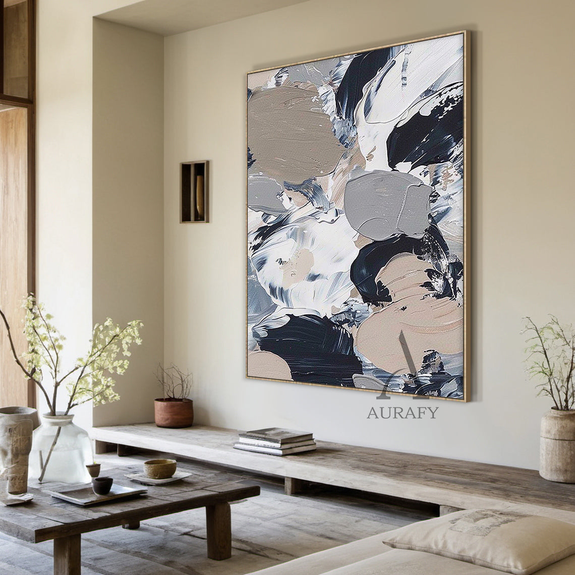 General Abstract Wall Art with Tactile Impasto Texture White Black Beige Modern Organic Design AURA478