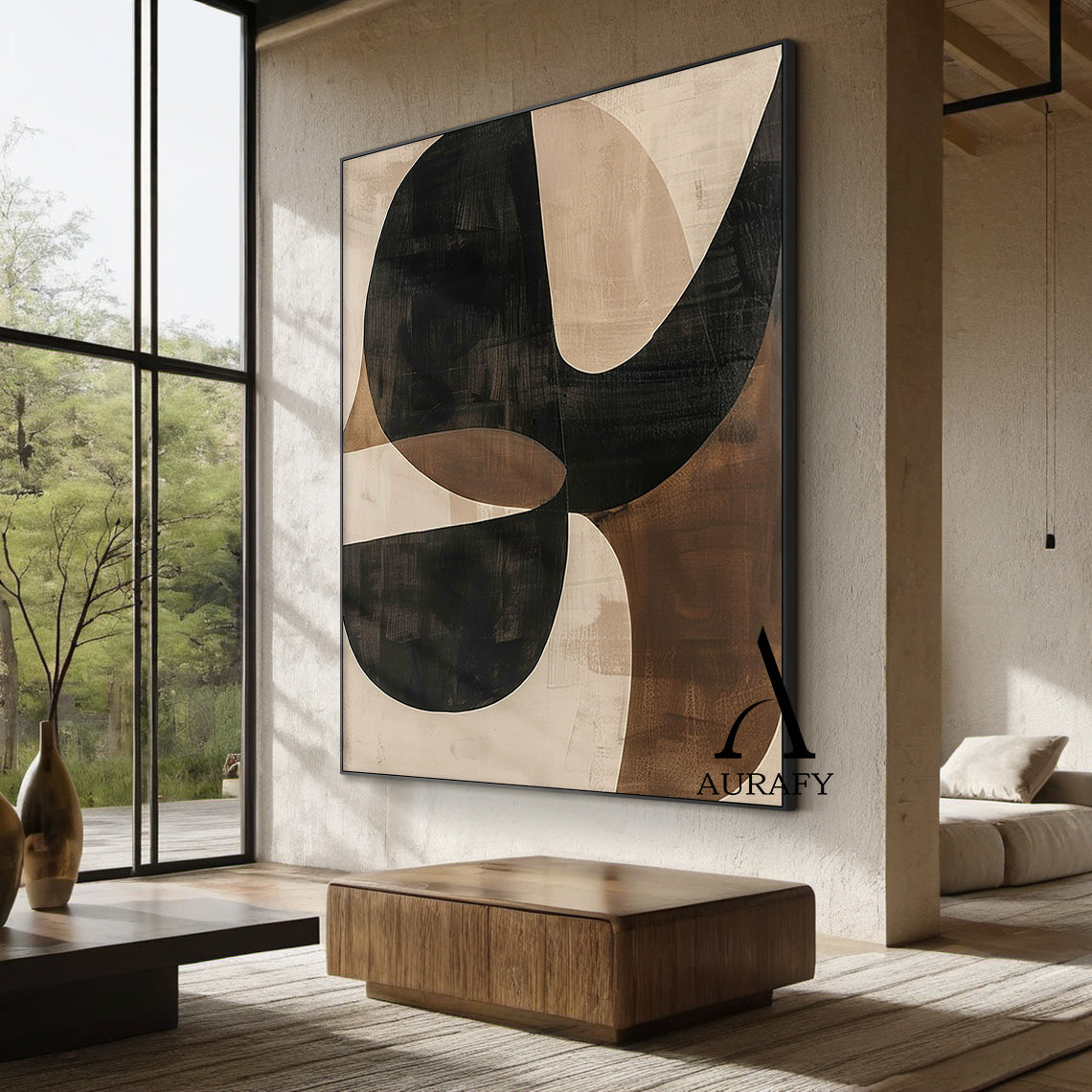 Wabi Sabi Beige Brown Hand-Painted Art Organic Curves Brushstroke Texture Tactile Wall Decor AURA575