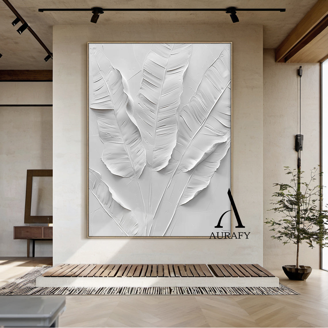 3D Textured White Banana Leaf High-Relief Sculpted Canvas Art—tactile impasto layers, distinct clear veins, soft curved edges & smooth matte white finish. Perfect focal point for Scandinavian dining area, bohemian reading nook, above entryway bench or bedside table. Modern organic minimalist luxe decor for mid-century modern, bohemian & contemporary interiors (AURA523)