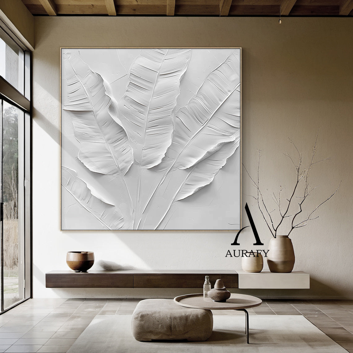 3D Textured White Banana Leaf High-Relief Sculpted Canvas Art—tactile impasto layers, distinct clear veins, soft curved edges & smooth matte white finish. Perfect focal point for Scandinavian dining area, bohemian reading nook, above entryway bench or bedside table. Modern organic minimalist luxe decor for mid-century modern, bohemian & contemporary interiors (AURA523)
