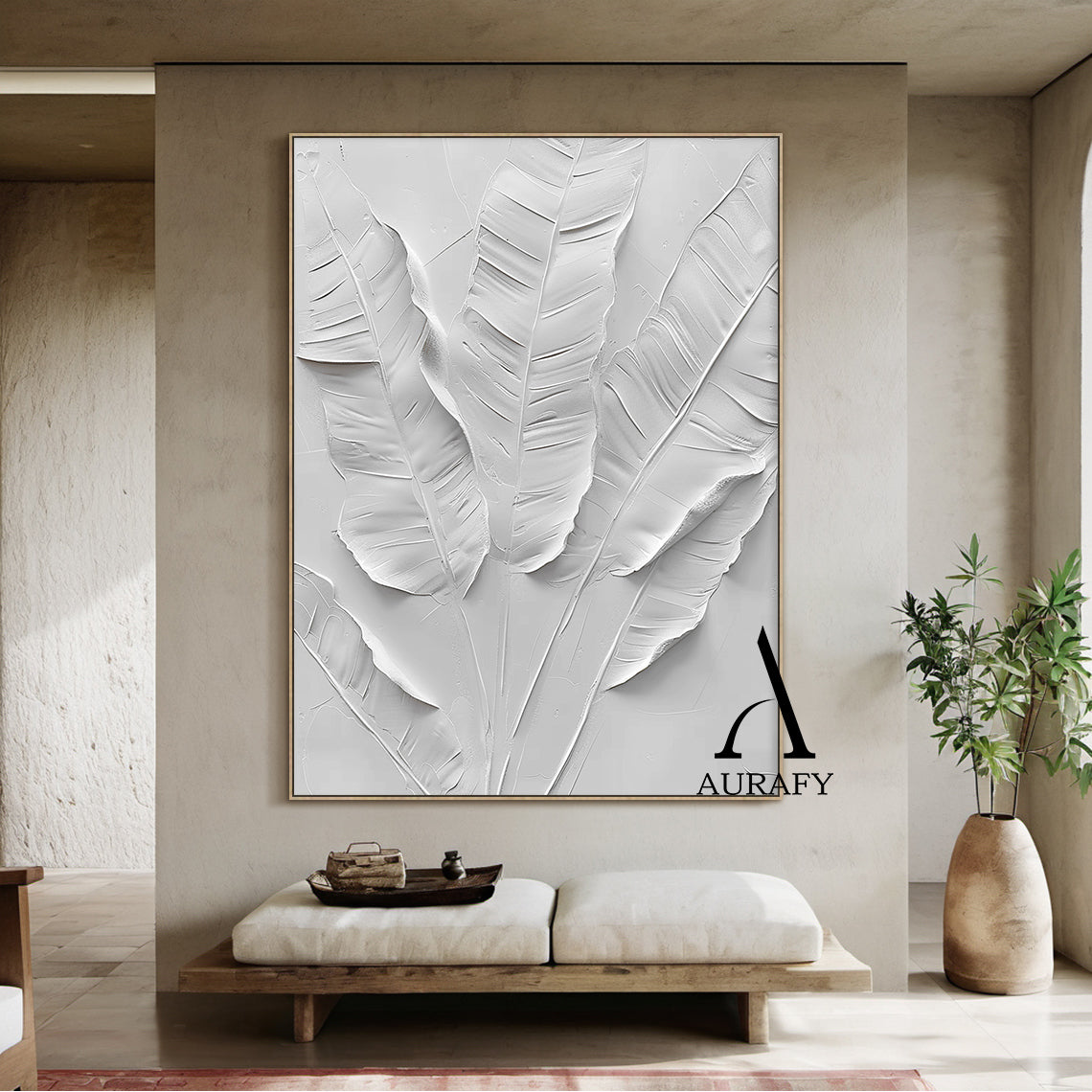 3D Textured White Banana Leaf High-Relief Sculpted Canvas Art—tactile impasto layers, distinct clear veins, soft curved edges & smooth matte white finish. Perfect focal point for modern living room sofa backdrop, cozy balcony relaxation corner, above study desk or entryway wall. Modern organic minimalist luxe decor for mid-century modern, bohemian & contemporary interiors (AURA523)