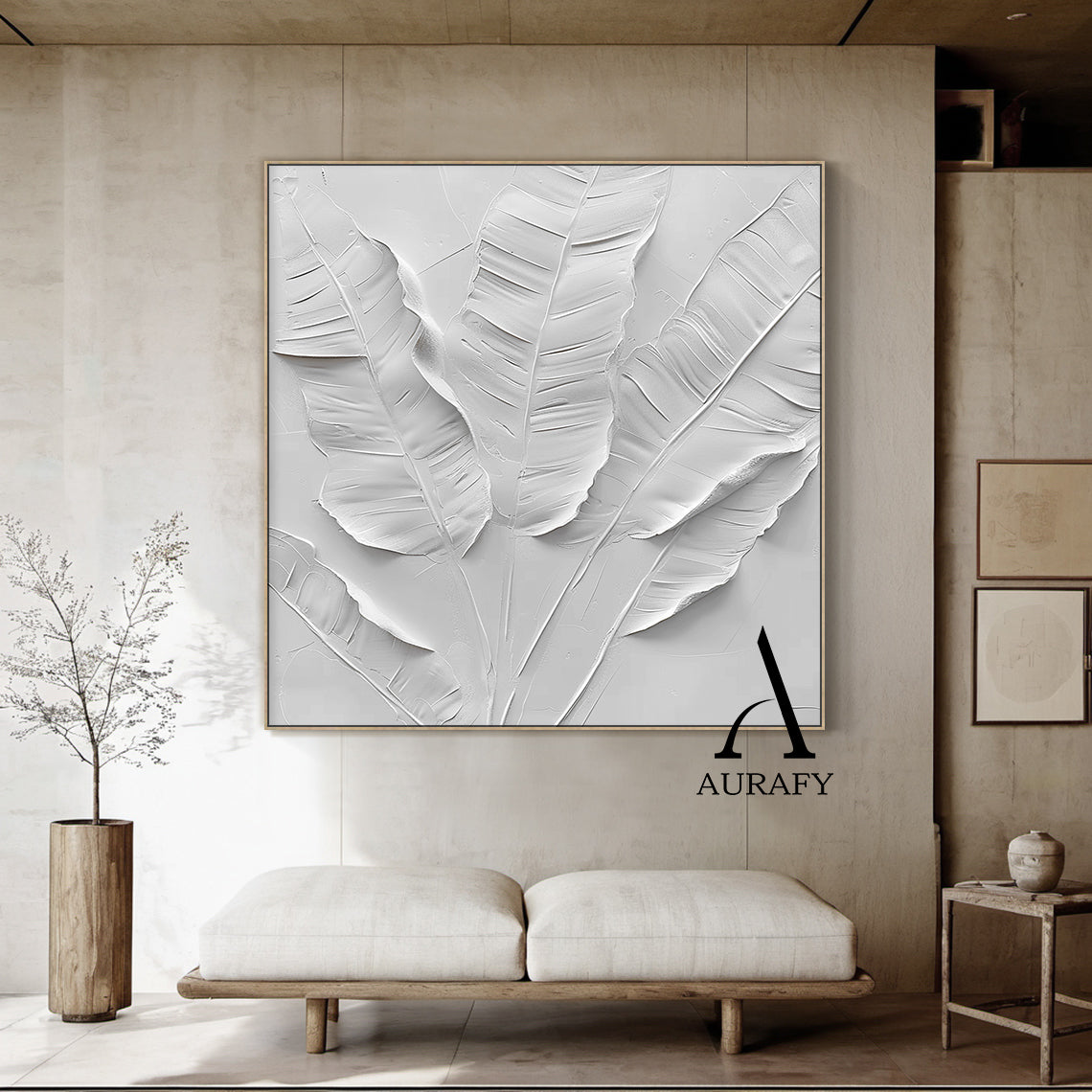 3D Textured White Banana Leaf High-Relief Sculpted Canvas Art—tactile impasto layers, distinct clear veins, soft curved edges & smooth matte white finish. Perfect focal point for modern living room sofa backdrop, cozy balcony relaxation corner, above study desk or entryway wall. Modern organic minimalist luxe decor for mid-century modern, bohemian & contemporary interiors (AURA523)