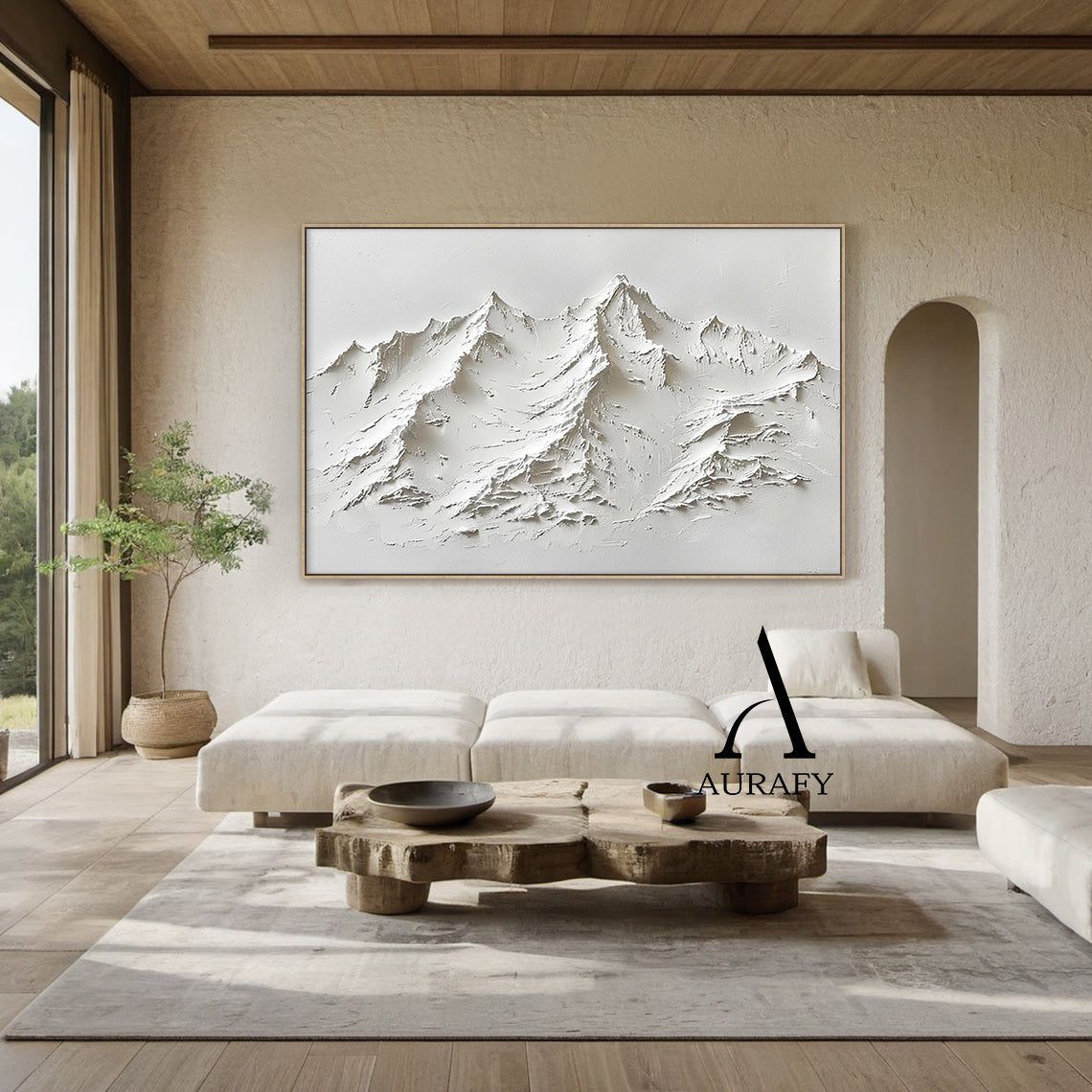 3D Textured White Mountain High-Relief Plaster Art: Impasto knife strokes carve vivid peaks and valleys, enhanced by soft light and shadow play. Minimalist monochromatic design perfect for modern home office, Scandinavian dining area, cozy reading nook, or minimalist hallway. Tactile luxury wall decor infusing neutral spaces with calm nature-inspired vibe. AURA518 model, featuring thick textured finish and pure white palette ideal for contemporary minimalist interiors. Stunning statement piece above floatin
