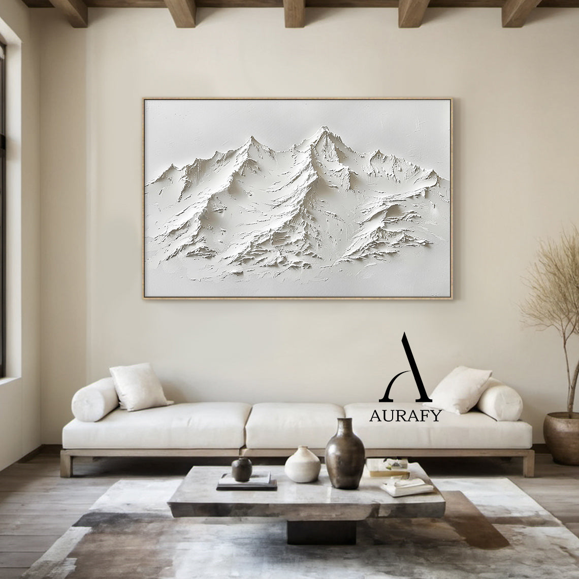 3D Textured White Mountain High-Relief Plaster Art (AURA518 Model): Bold impasto knife strokes sculpt dynamic peaks and valleys, accentuated by natural sunlight that highlights its tactile depth. Minimalist monochromatic design ideal for minimalist living room, bohemian bedroom nook, sunlit entryway, or sleek studio apartment. Tactile luxury wall decor infusing neutral or soft-toned spaces with a serene nature-inspired vibe. Features thick textured finish and pure white palette perfect for contemporary mini