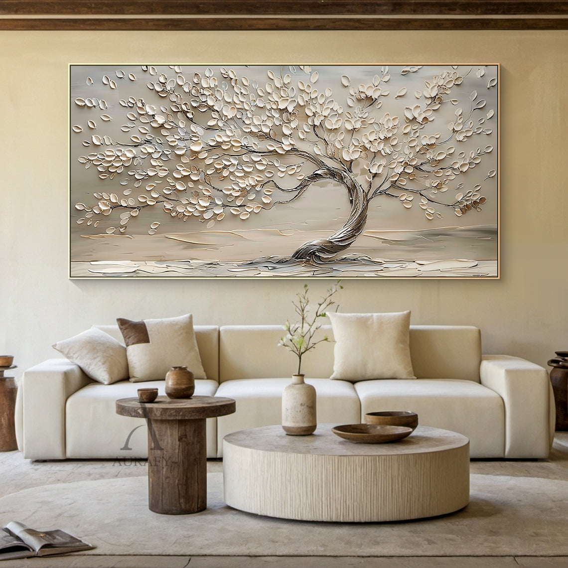 3D Textured Beige Tree Painting High-Relief Sculpted Tactile Surface Modern Organic Luxe AURA467