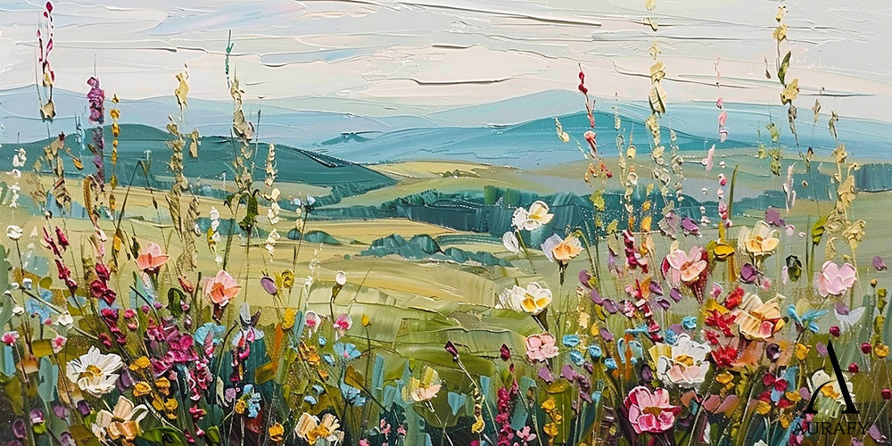 3D Textured Flower Painting with Knife Strokes High-Relief Tactile Green Pastoral Landscape Art AURA574