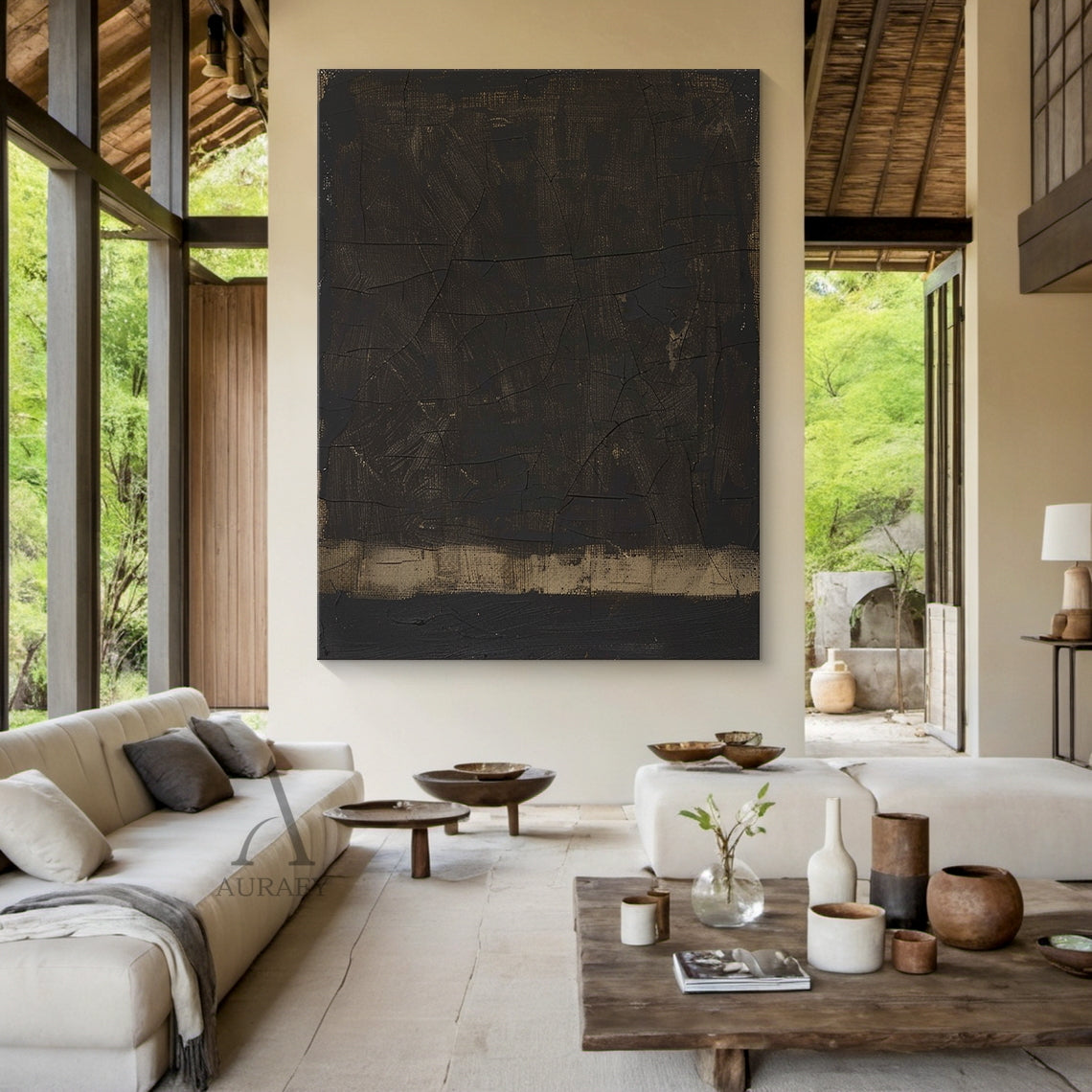 Black Abstract Cracked Textured Japandi Canvas Wall Art Minimalist Luxe Neutral Decor AURA796