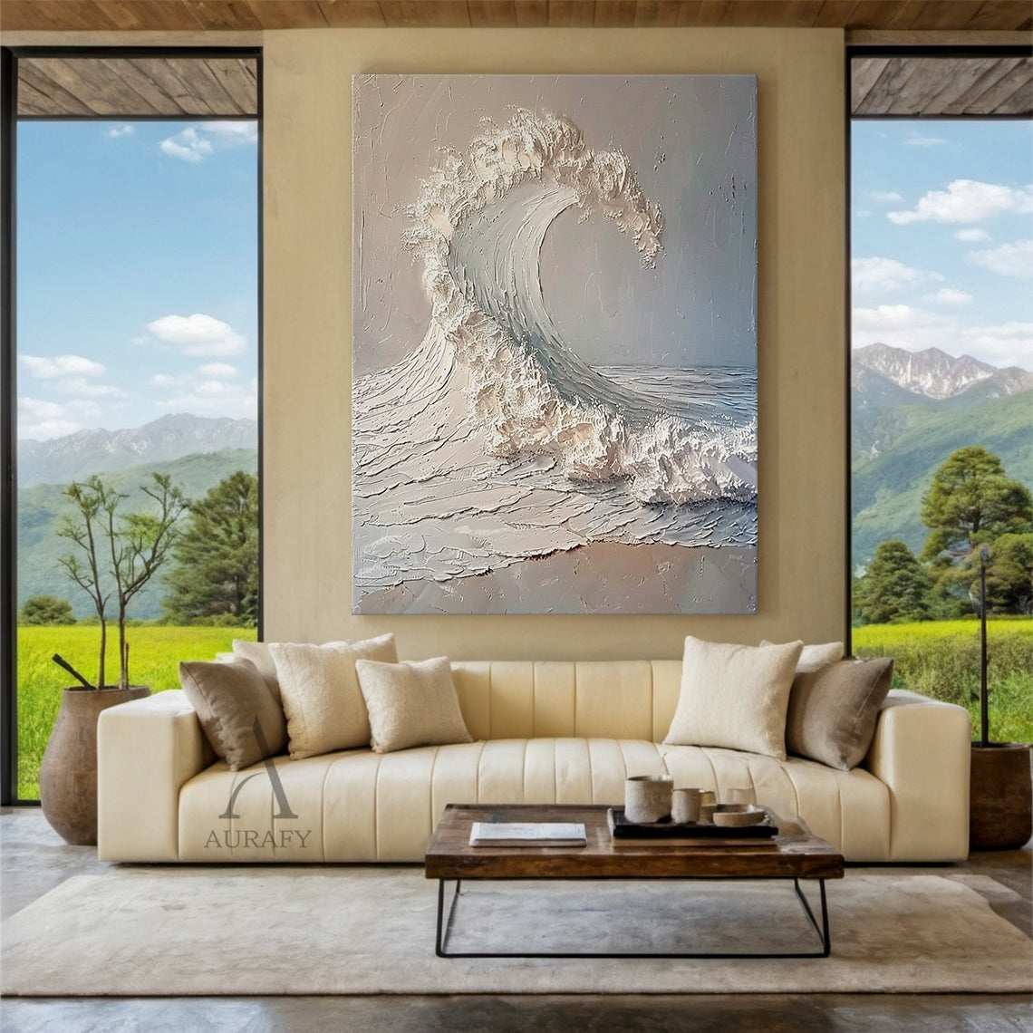 Textured White Curling Wave Wall Art - AURA678