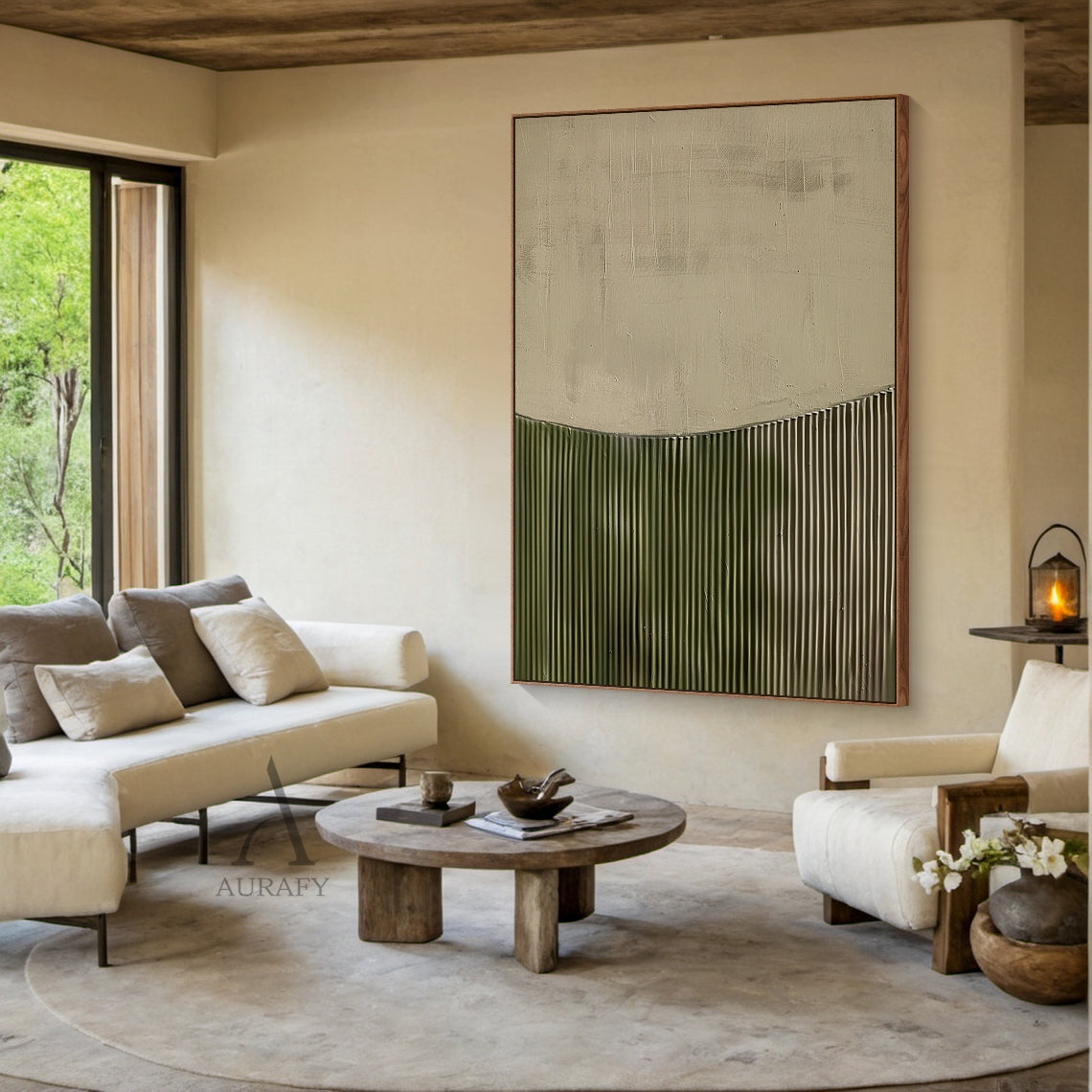 3D Textured Painting Beige Green Tactile Surface High-Relief Sculpted Vertical Stripes Modern Organic AURA465