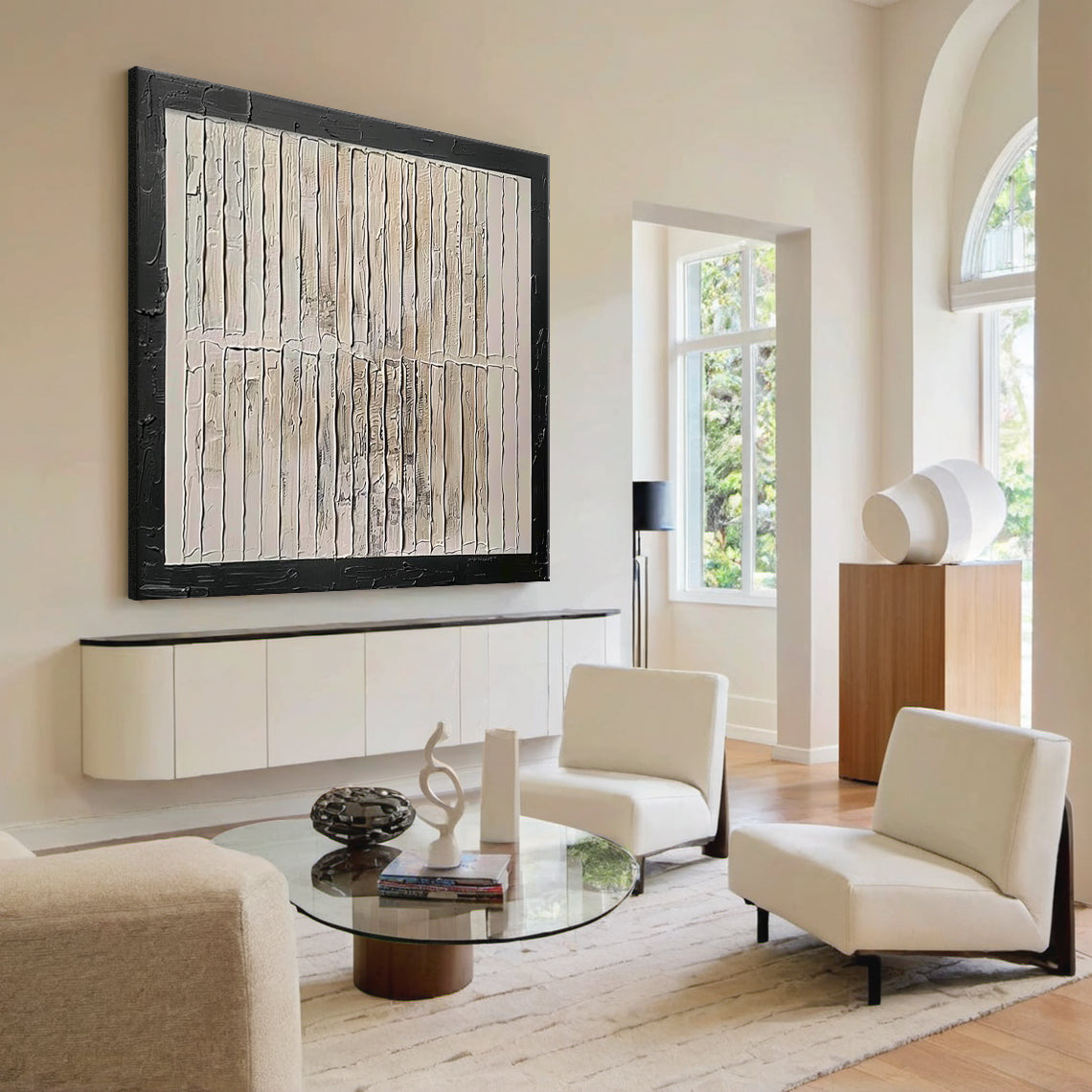 Minimalist Grid Textural Canvas – Cream & Black Accent – AURA006(Horizontal)