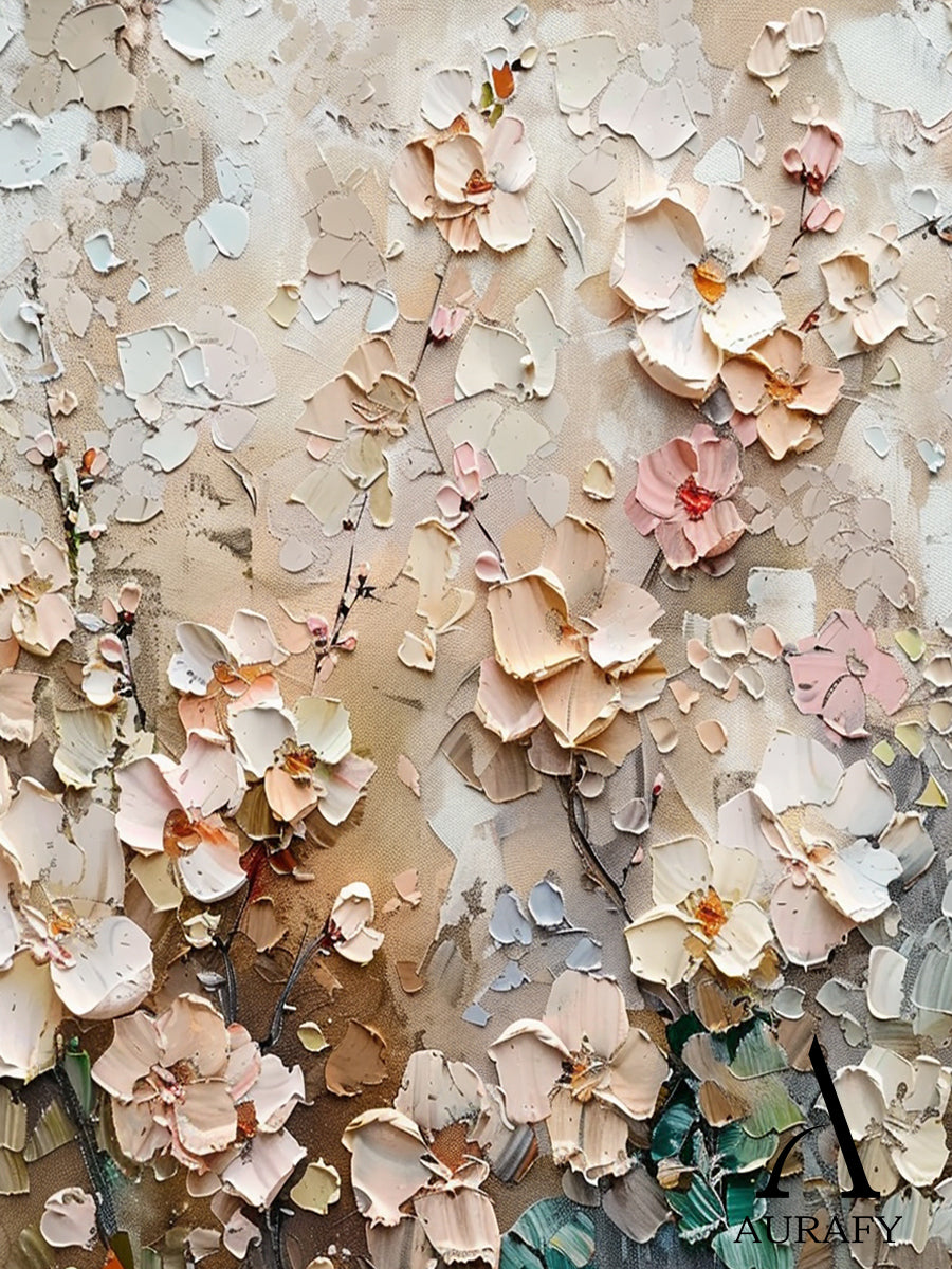 3D Textured Flower Painting High-Relief Tactile Beige Tone Knife Strokes Modern Organic Art AURA572