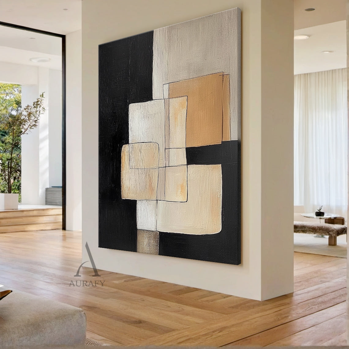 Modern Abstract Geometric Art Beige Black Tactile Brush Strokes Hand-Painted Canvas Wall Decor AURA645