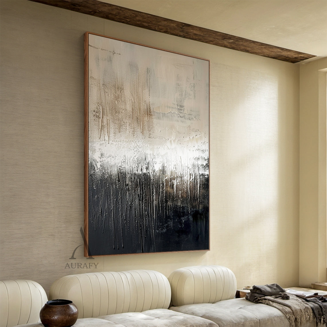 Japandi Knife Textured Abstract Beige Black Minimalist Luxe Plaster Canvas Wall Art AURA800