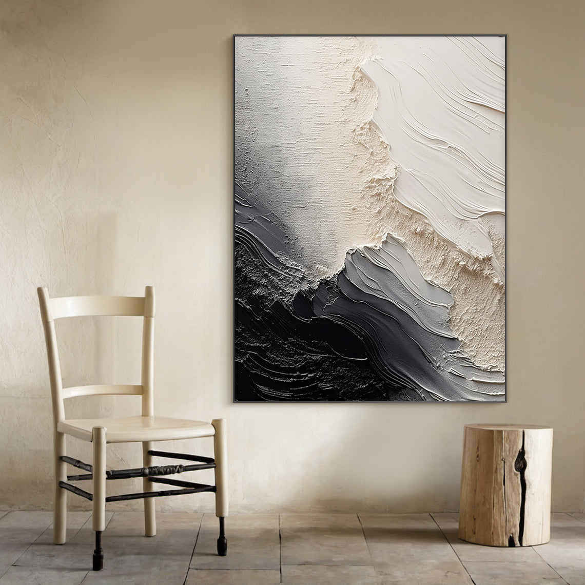Organic Swirl Painting-Cream, Gray & Charcoal Tones-AURA001