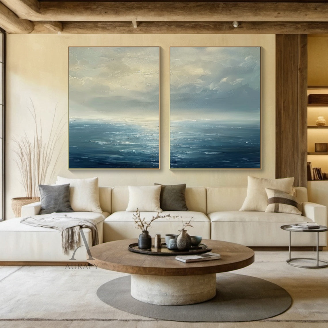 Blue Ocean Abstract Art Impasto Textured Modern Organic Wavy Line Sky Landscape AURA464