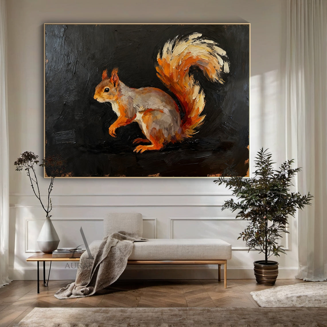 Red Squirrel Wall Art on Black Background - AURA657