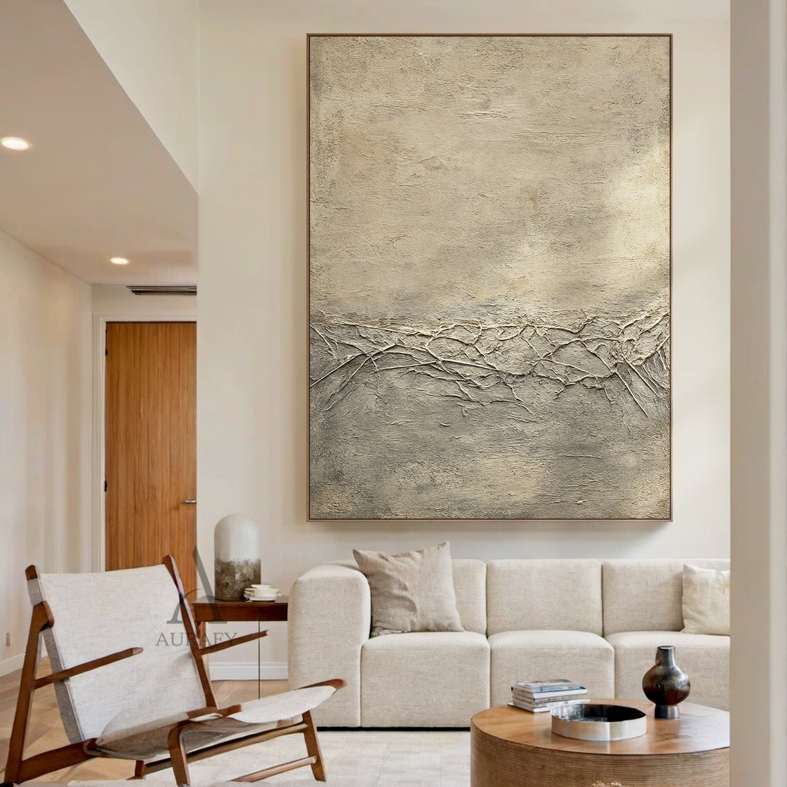 General Abstract Beige Wabi-Sabi Vintage Art with Cracked Distressed Plaster-like Tactile Texture AURA426