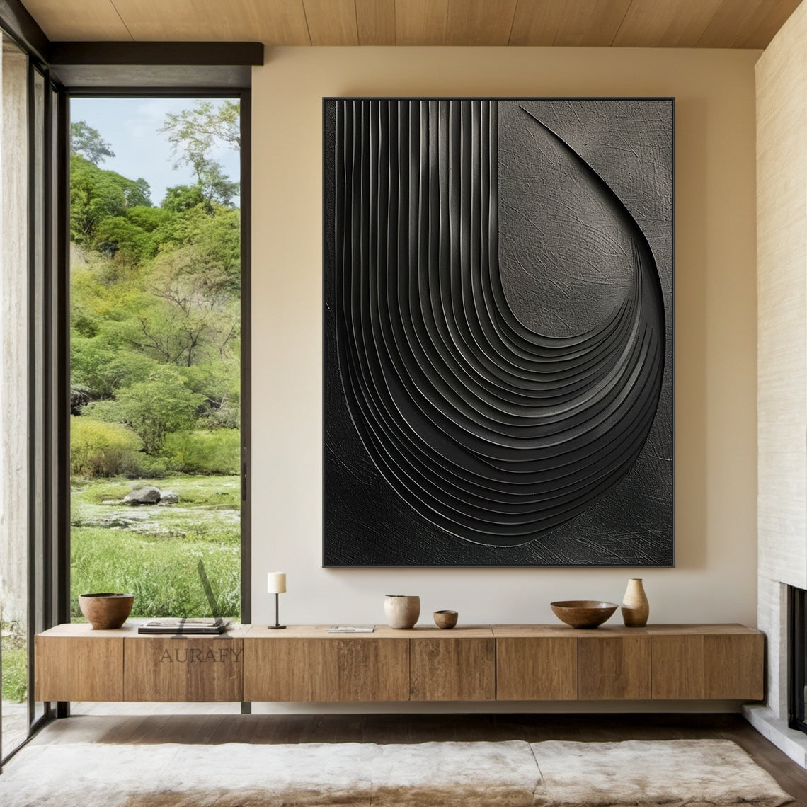 Minimalist Black Wall Art High-Relief Layered Curves Tactile Surface Modern Minimalist Piece AURA428