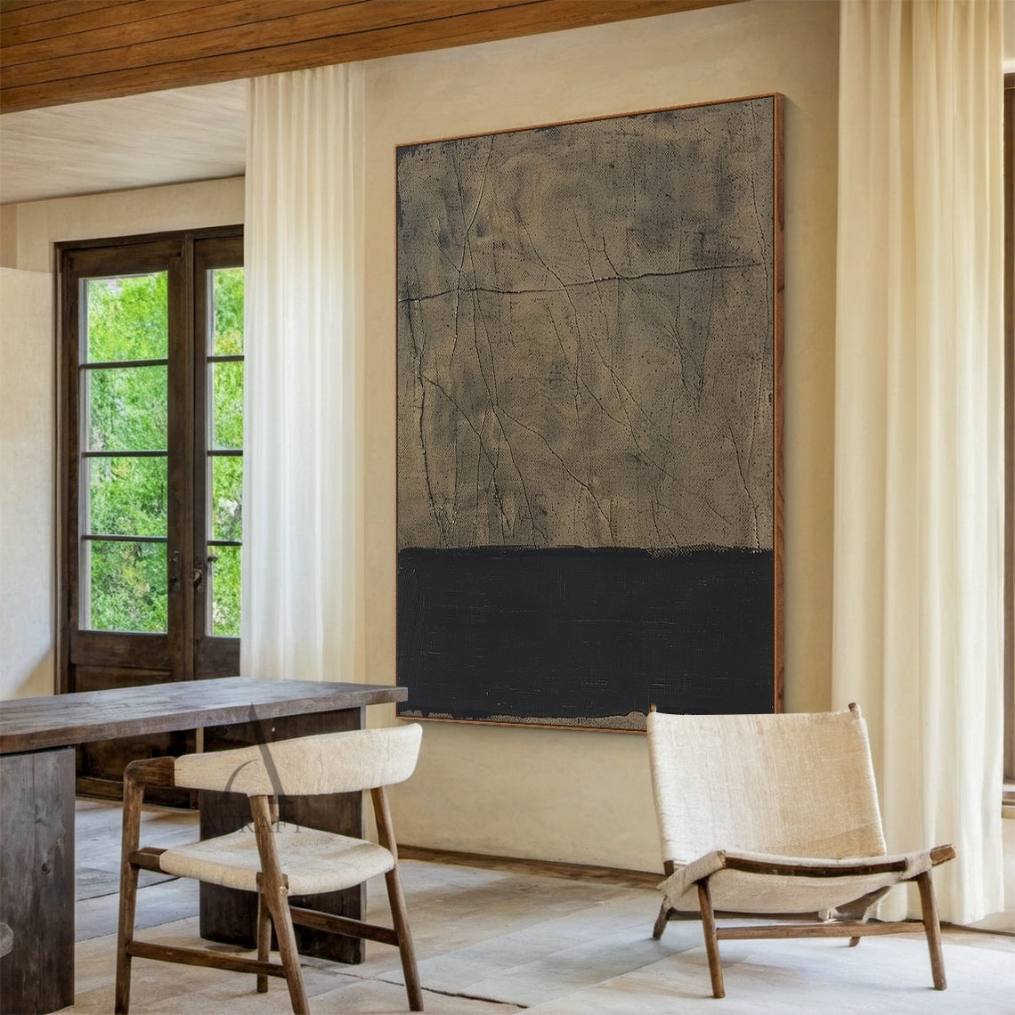 Beige & Black Cracked Plaster Abstract Wall Art | Wabi Sabi Japandi Minimalist Canvas | AURA807