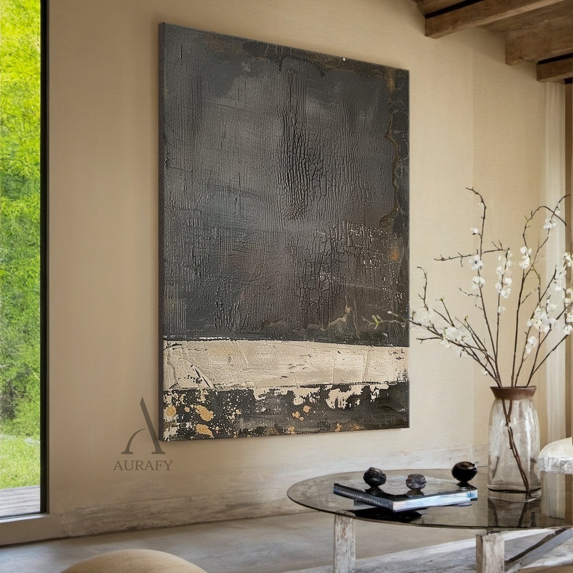 Black & Ivory Cracked Textured Abstract Wall Art - AURA819