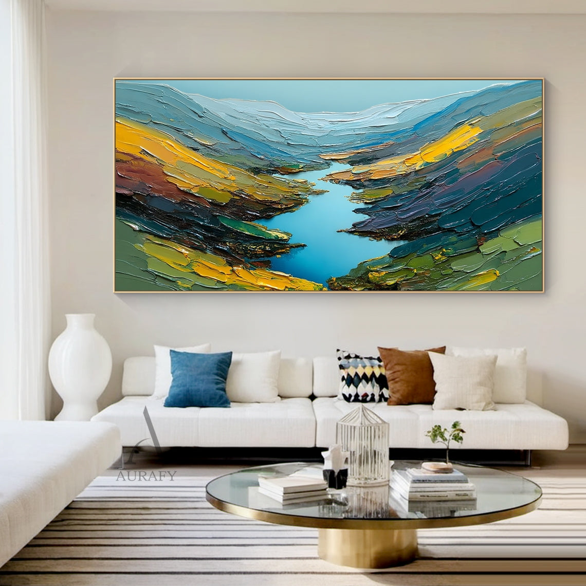 Impasto Textured Mountain Landscape Palette Knife Painted Blue Green Sculpted Canvas Modern Organic Wall Art AURA774