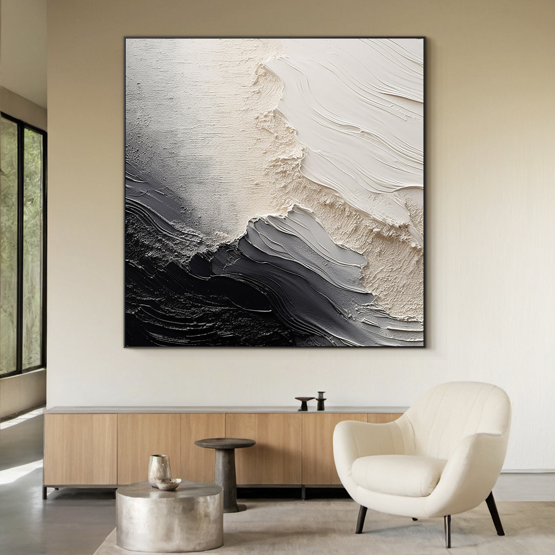 Organic Swirl Painting-Cream, Gray & Charcoal Tones-AURA001