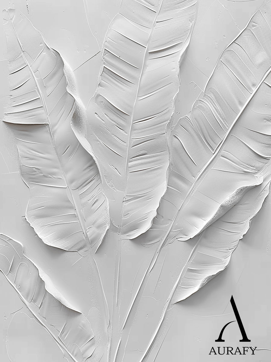 3D Textured White Banana Leaf Art High-Relief Sculpted Canvas Modern Organic Minimalist Luxe AURA523