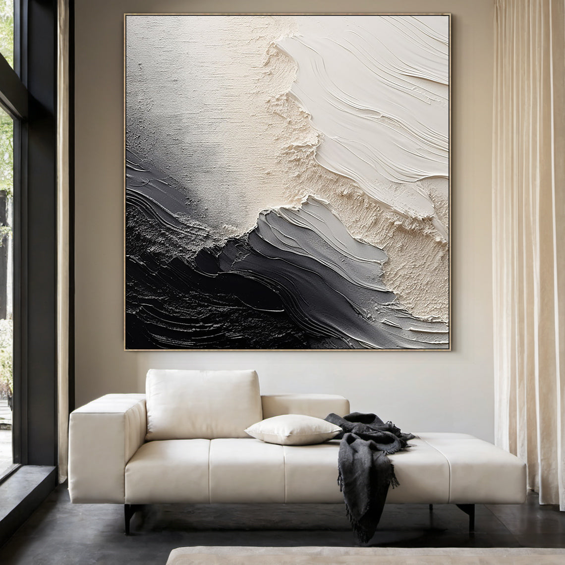 Organic Swirl Painting – Cream, Gray & Charcoal Tones – AURA001(Vertical)