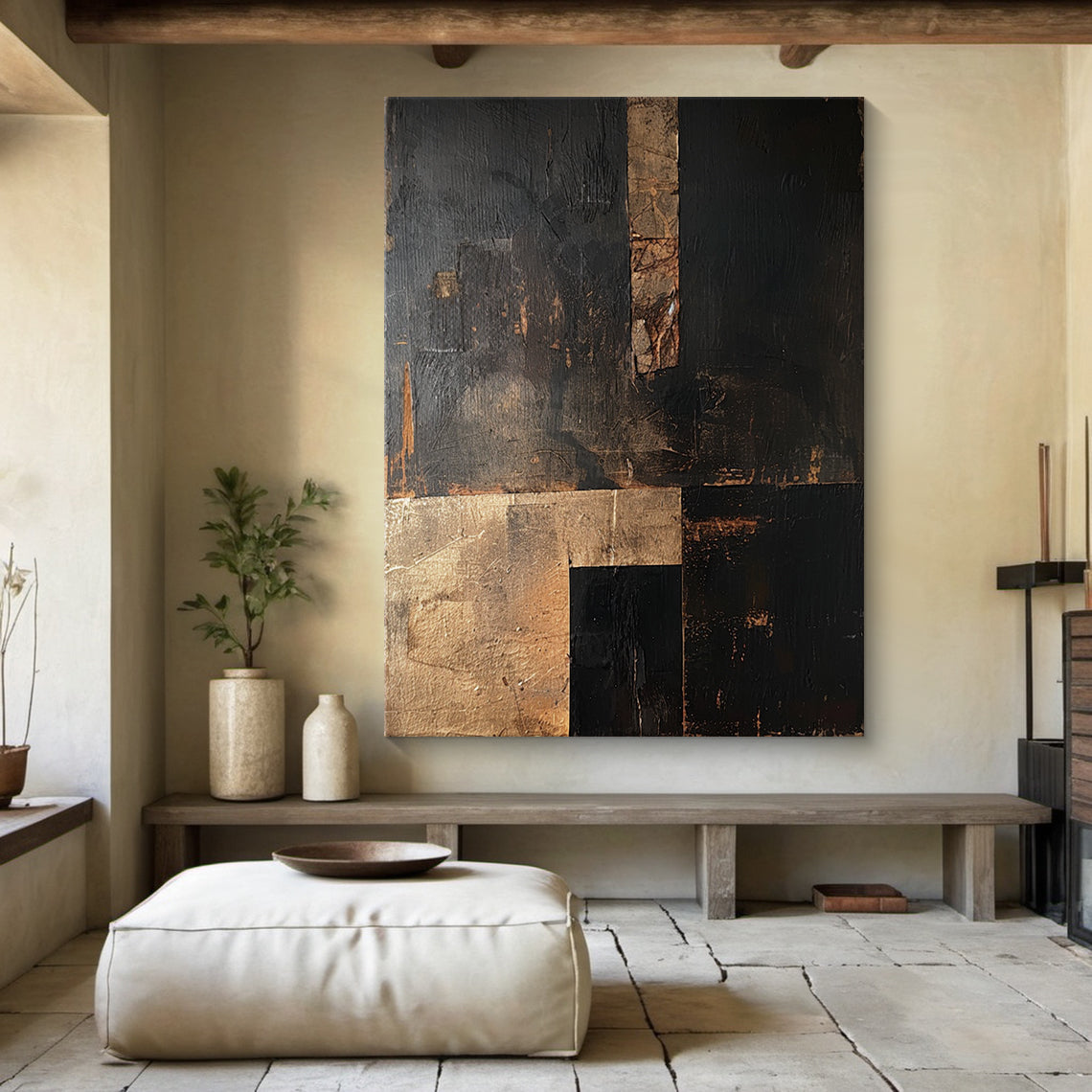 Silent Balance-Black & Brown Wabi-Sabi Abstract Field-AURA137