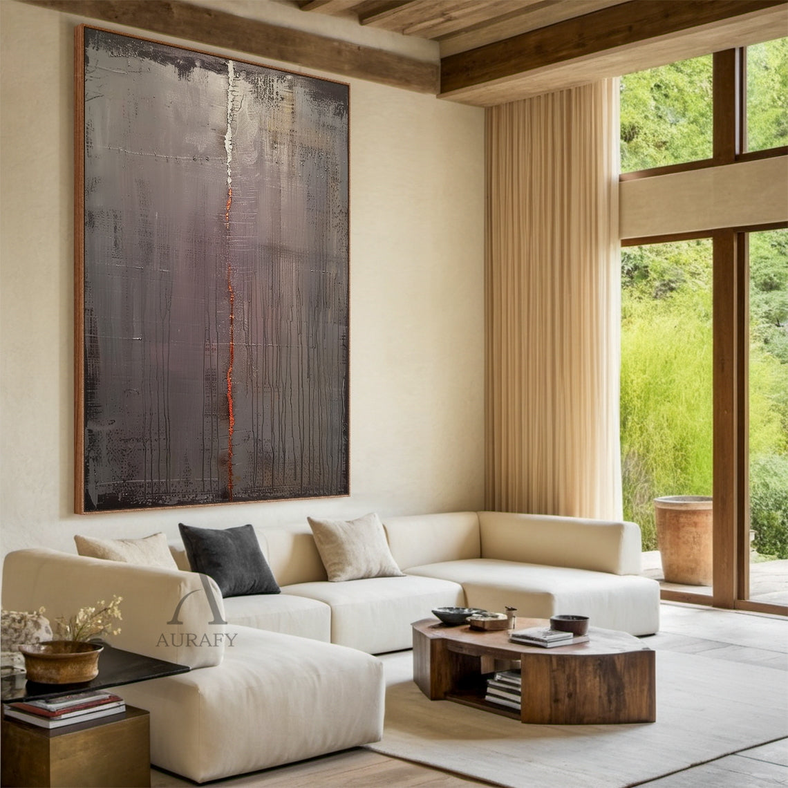 Plaster Textured Grey Black Burnt Orange Accent Japandi Minimalist Tactile Abstract Wall Art AURA795