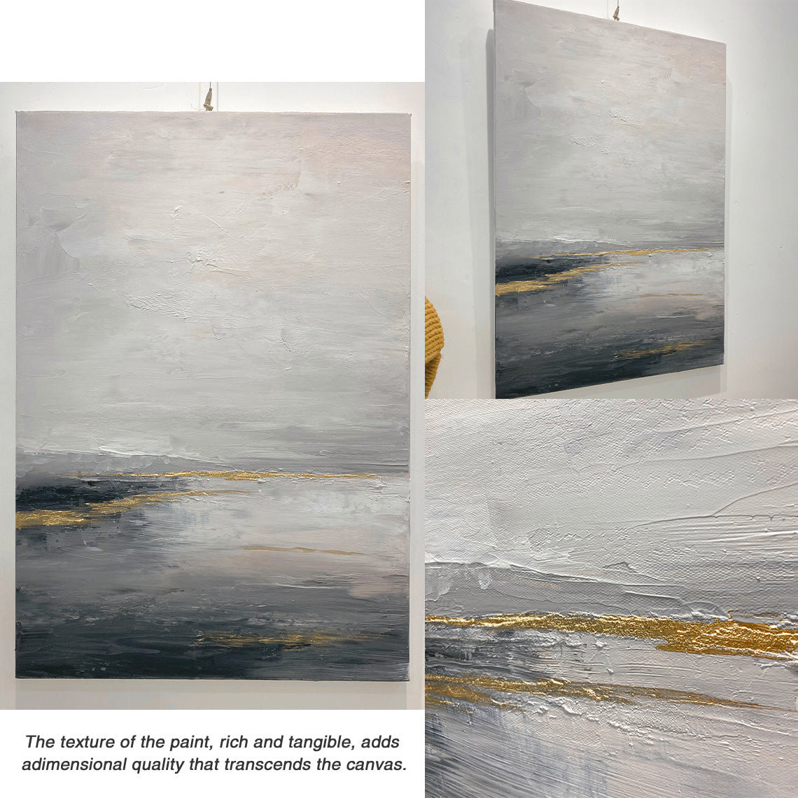 Abstract Wall Art Gray Beige Textured Canvas with Gold Leaf Accents Minimalist Luxe Japandi Style AURA626