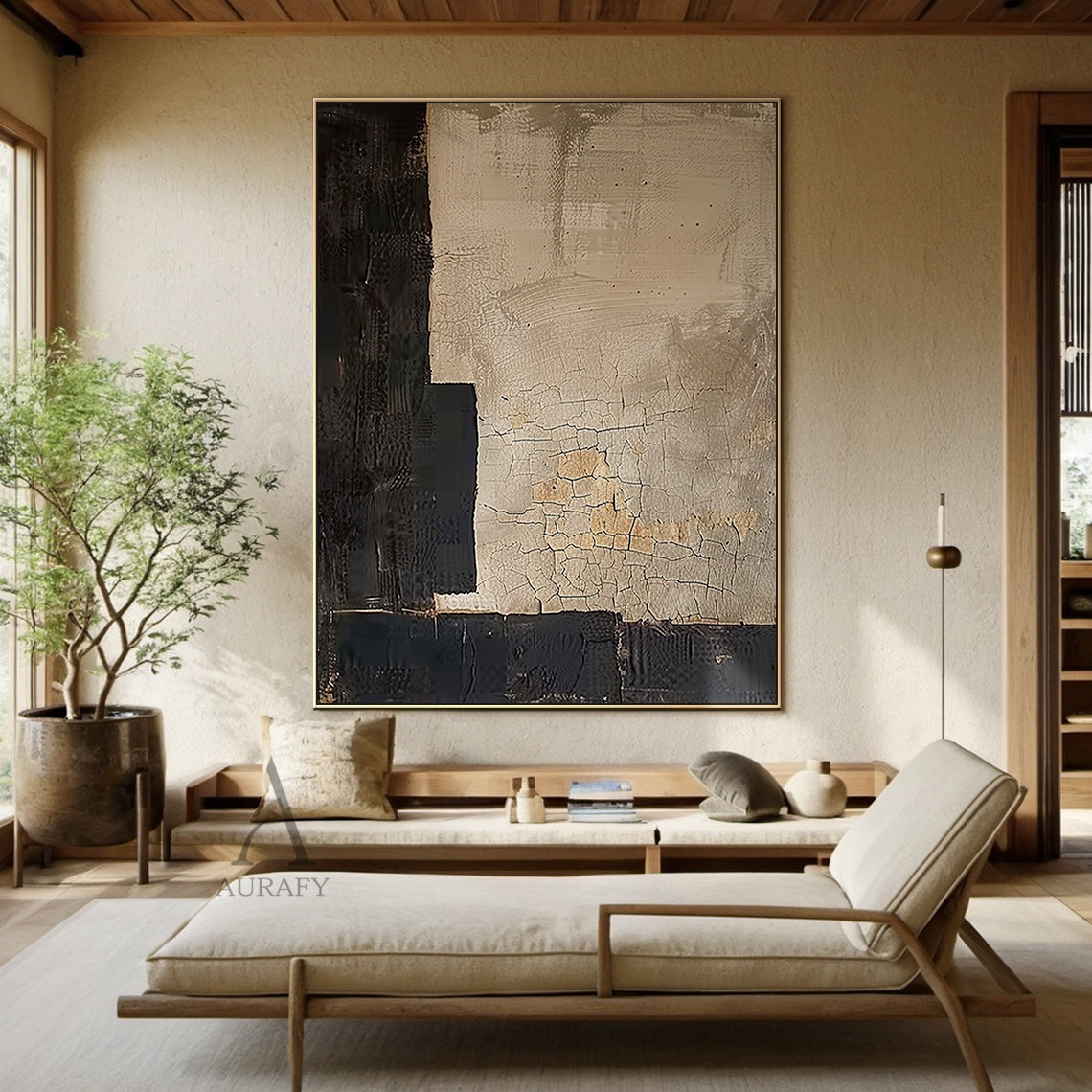 Beige & Black Wabi Sabi Geometric Abstract Wall Art | Cracked Plaster Japandi Canvas | AURA809