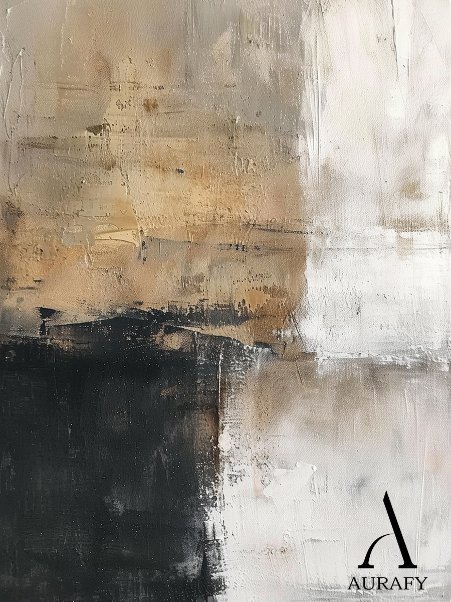 Abstract Neutral Wall Art Impasto Brushstrokes Scraped Tactile White Brown Black Modern Textured Canvas AURA503