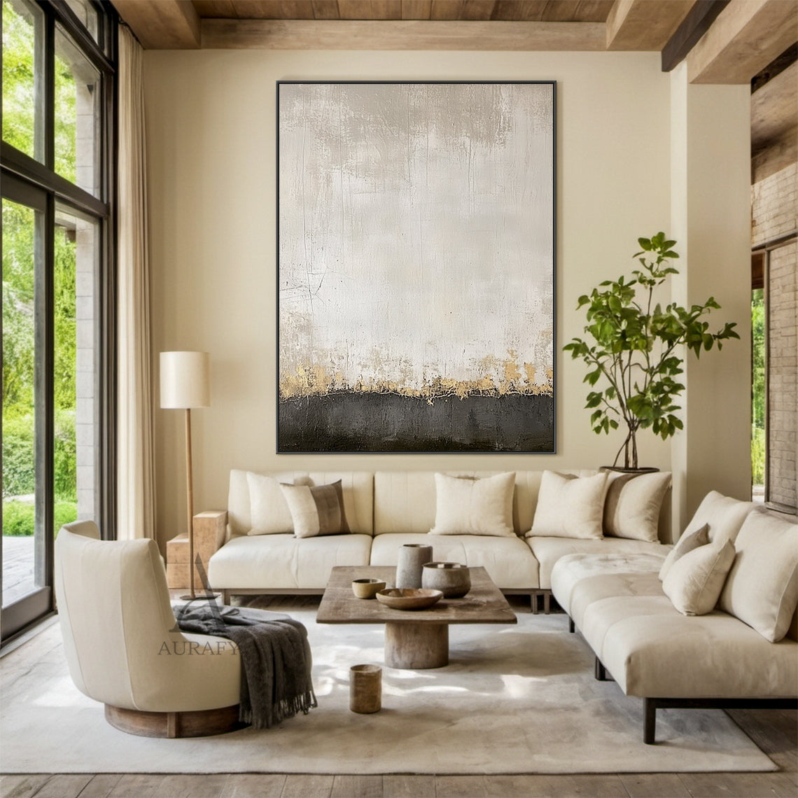 Ivory and Charcoal Abstract Horizon Wall Art - AURA694