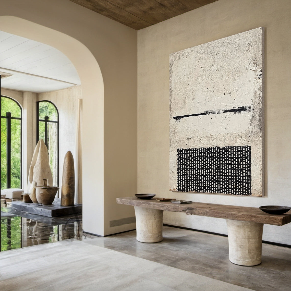 Abstract Black Beige Cracked Plaster Textured Hand-painted Grid Wabi-Sabi Minimalist Modern Art AURA597