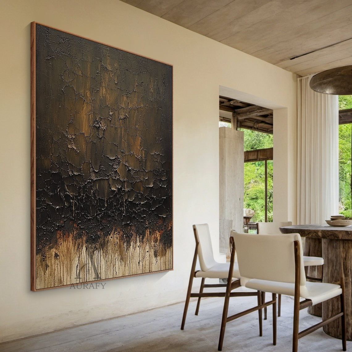 Brown Abstract Painting with Cracked Layers and Trailing Marks - AURA848