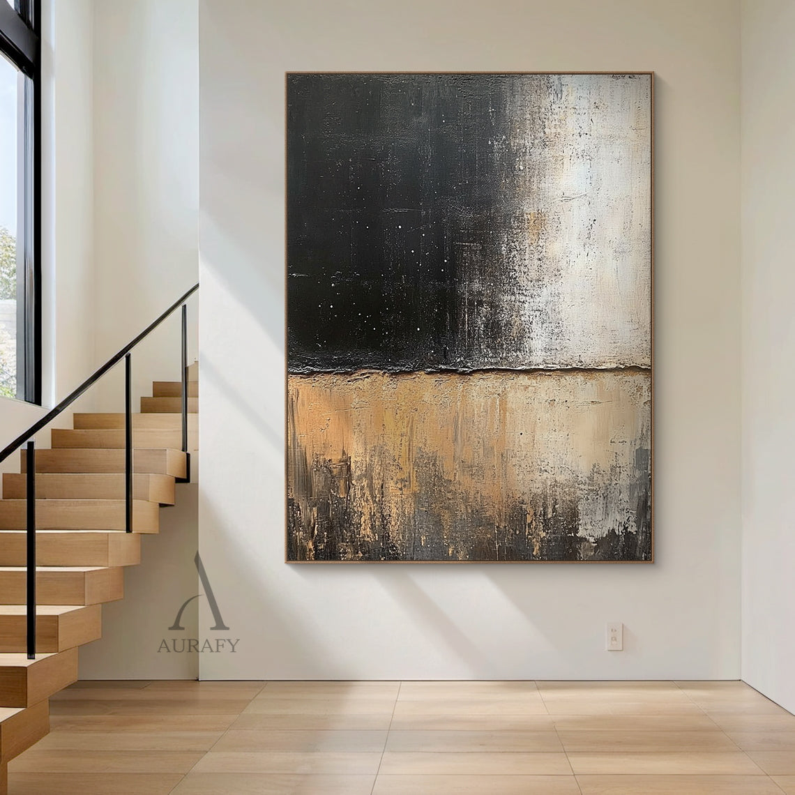 Abstract Black Beige Impasto Textured Rough Tactile Layered Modern Organic Canvas Artwork AURA609