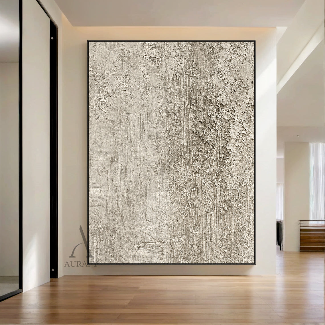 Beige Abstract Plaster Textured Art with Tactile Peeling Surface Vertical Lines Wabi-Sabi Style AURA452