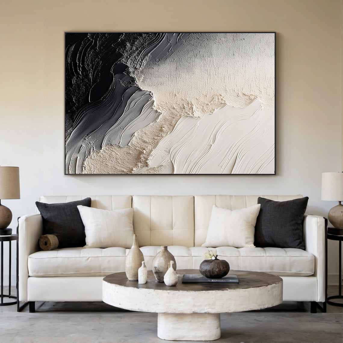 Organic Swirl Painting – Cream, Gray & Charcoal Tones – AURA001(Vertical)