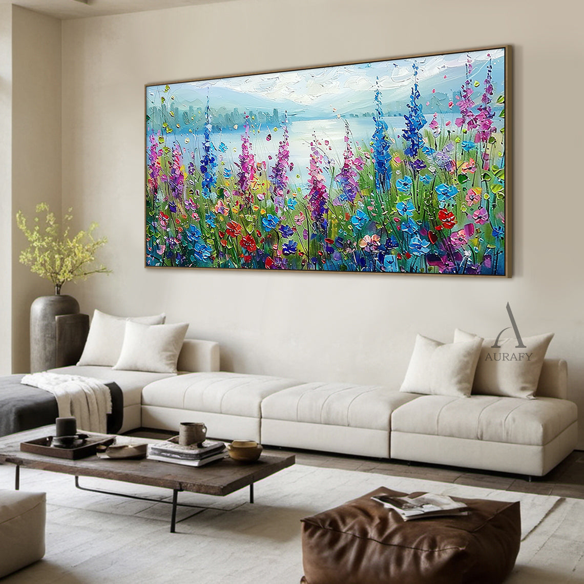 Colorful Landscape Art Impasto Knife Strokes Scenic Wildflower Lake Vibrant Impressionist Painting AURA414